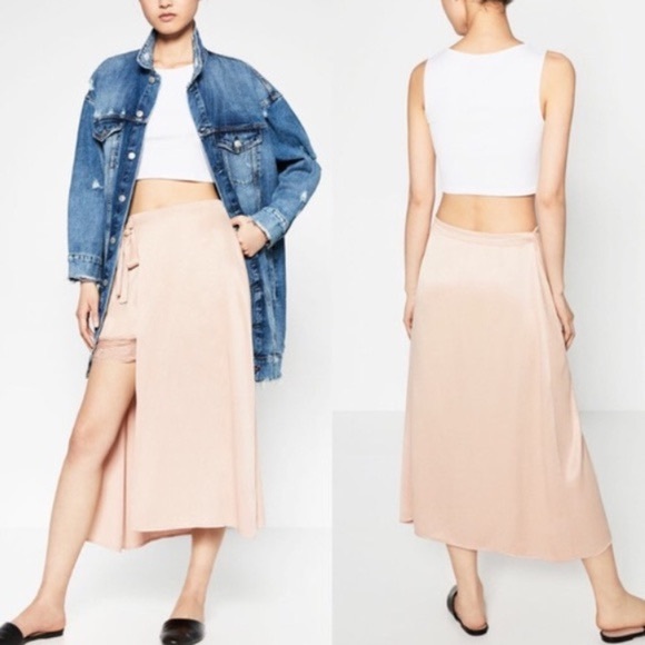 Zara Blush Satin Wrap Midi Skirt Lace Mini Lined - Picture 2 of 9
